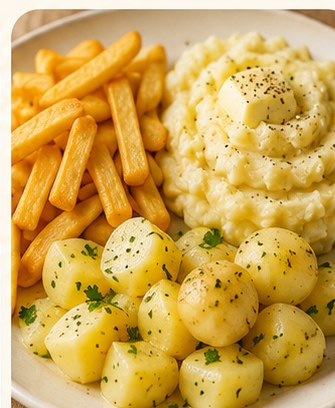 Chips, mash and boiled potatoes